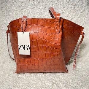 ZARA Brown Animal Print Faux Leather Tote Bag